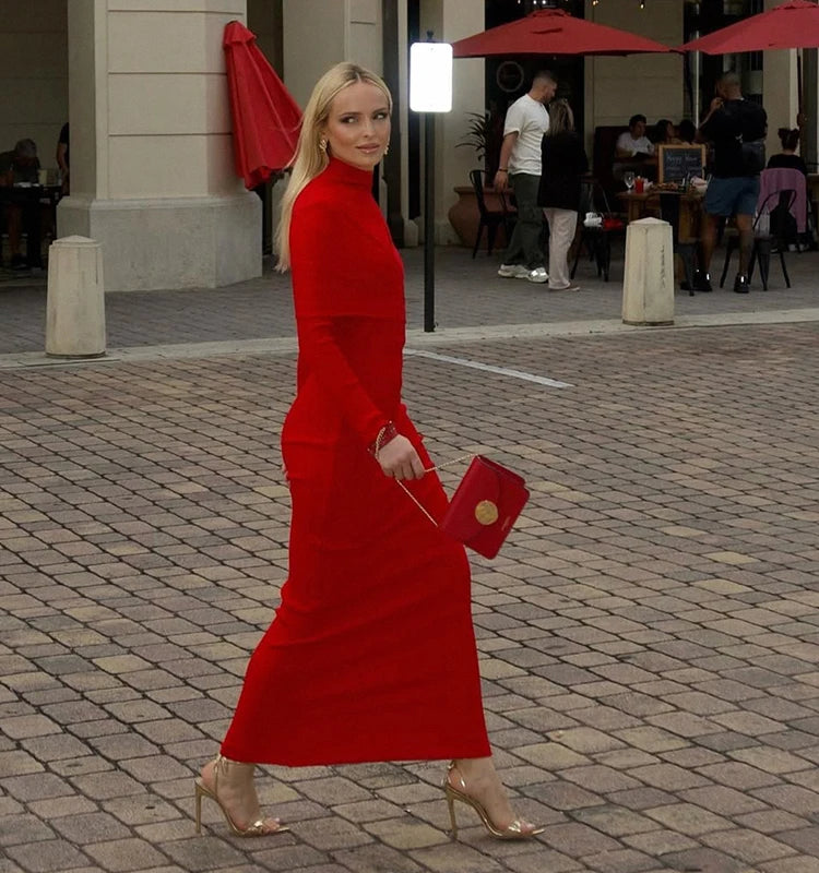 2026 Fashionable Elegant Red Bandage Dress High Neck Long Fitted Gown for Formal  Cocktail Events