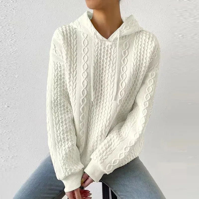 2025 Women Ladies Autumn Plus Size Casual Solid Color Embroidery Sweater Knit Hooded Lace-up Long Sleeve Hoodies