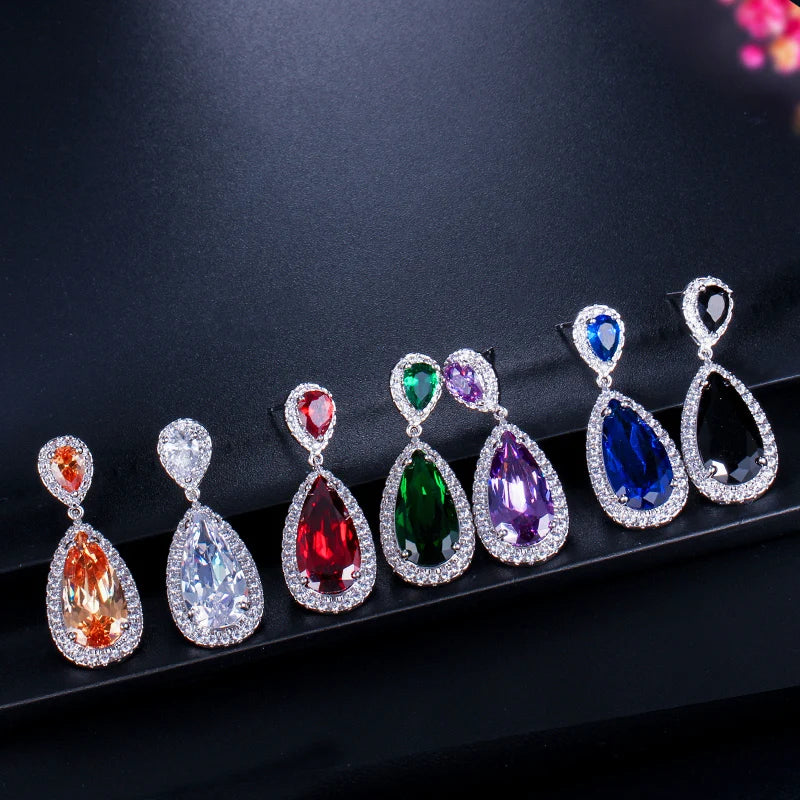 White Gold Plated Cubic Zirconia Crystal Long Tear Drop Dangling Bridal Earrings for Women Party Jewelry Gift with Safe Pin
