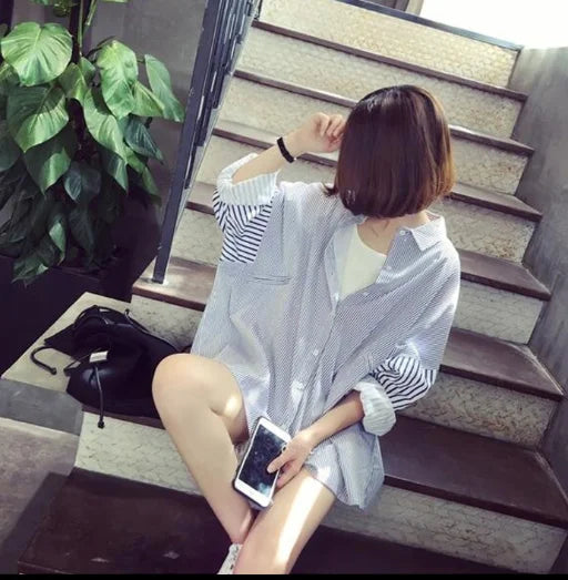 2025  Women Ladies Patchwork Striped Shirts Spring /Autumn Midi Length Loose Women's Casual Shirt and Blouse