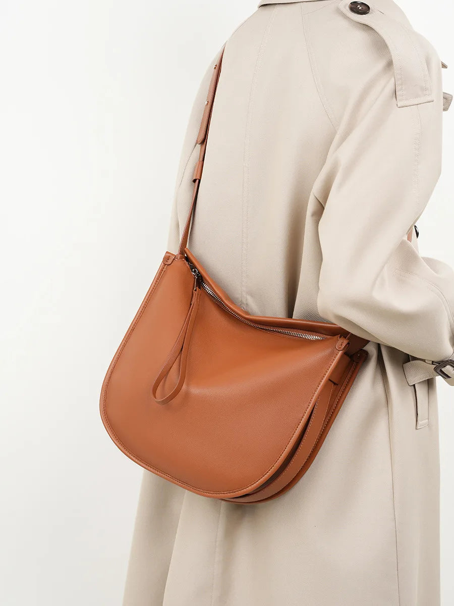 2025 Ladies Handbag Women Large Color Contrast Women Real Leather Crossbody Purse Half Moon Bag