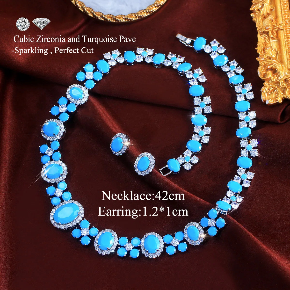 Charming Blue CZ Jewelry Set Turquoise Cubic Zirconia Oval Shaped Necklace Earrings Jewelry Set for Brides Wedding Costume Gift