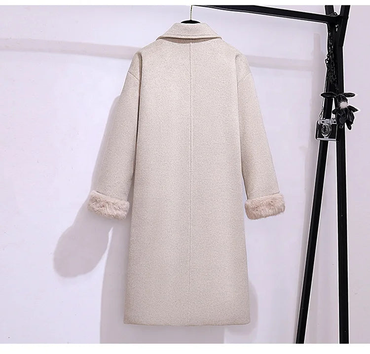 Fluffy Collar Cow Horn Button Woolen Coatwinter New Loose Korean Long  Coat for Women