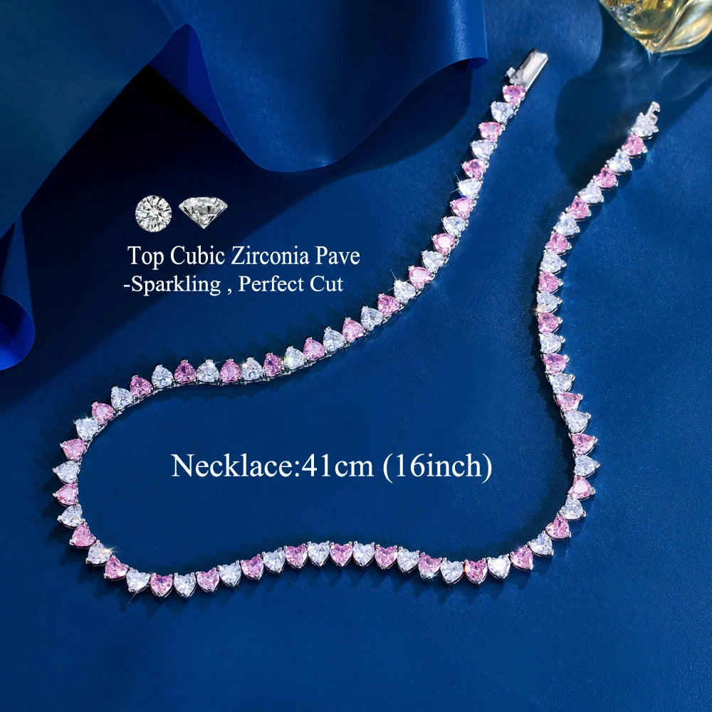 Dainty 3 Claws Cubic Zirconia Setting White and Pink Heart Tennis Necklace for Women Wedding Bridal Party Daily Wear Jewelry