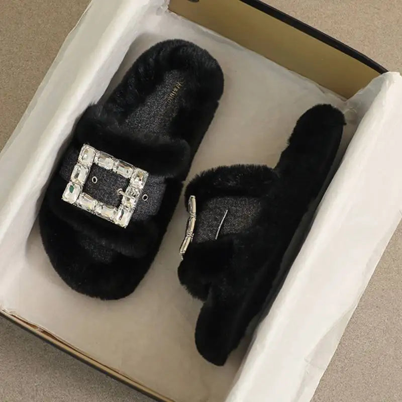 2025 Autumn/Winter Indoor Open Toe Flat Bottom Fashionable Warm Plush Slippers Female