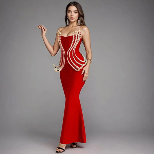 Sexy Red Wedding Party Dress Pearl Beading Strapless Bodycon Prom Gown Formal Luxury Evening Dresses With Pearls