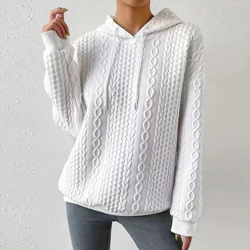 2025 Women Ladies Autumn Plus Size Casual Solid Color Embroidery Sweater Knit Hooded Lace-up Long Sleeve Hoodies