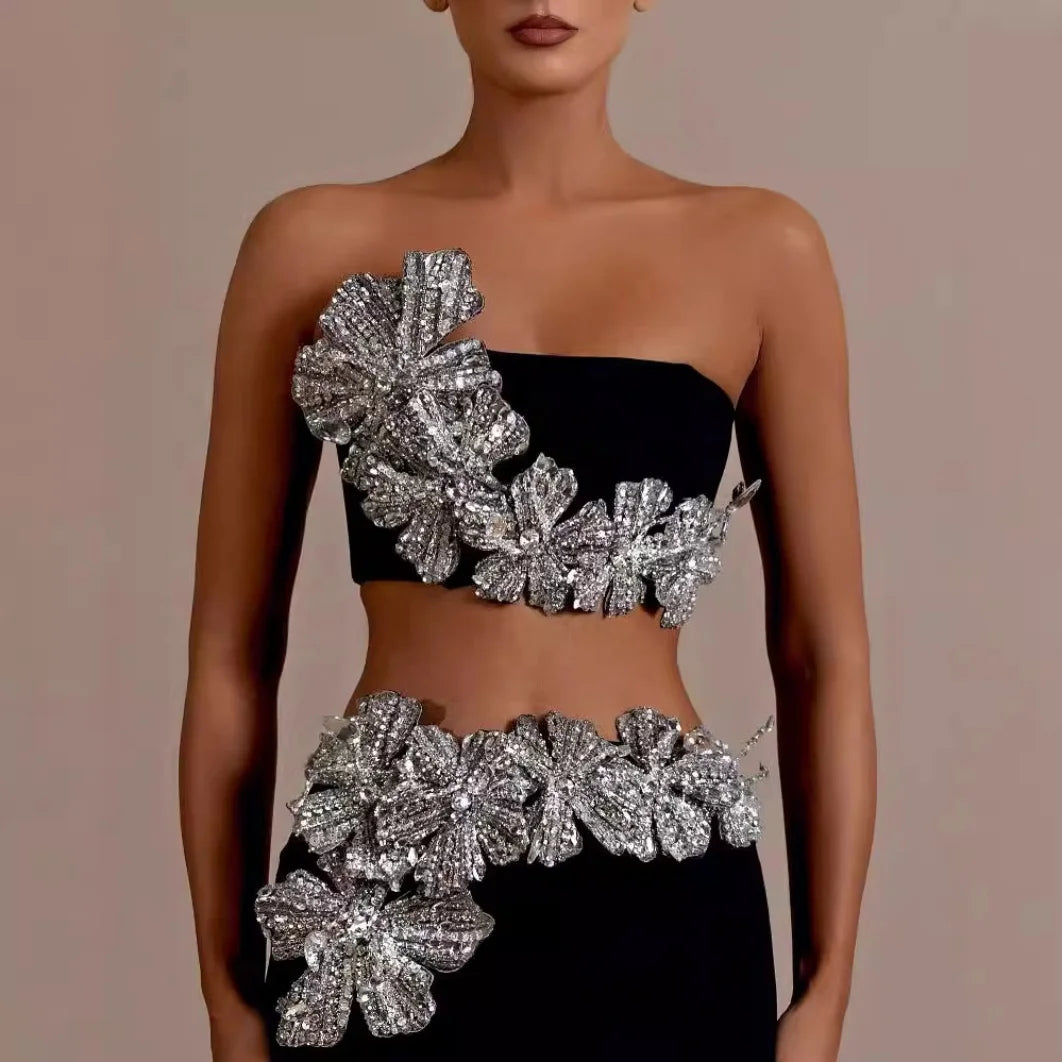Luxury Sexy Bandage Dress 2-Piece Sets Shiny Diamonds Flower Strapless Evening Party Dresses Set for Woman