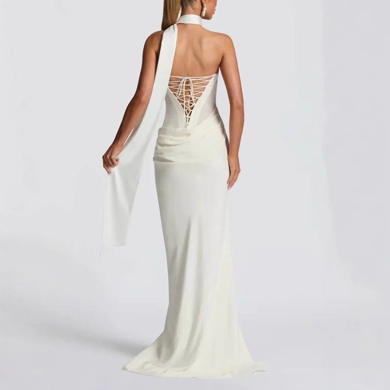 Off-shoulder Backless Sexy Maxi Dress Women Gown Elegant Scarf Collar Strapless Sleeveless Bodycon Club Party Dresses