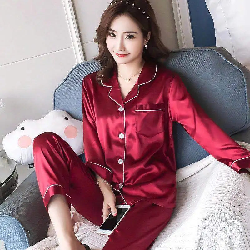 2025 Spring and Autumn New Ladies Large Size Lapel Silk Fashion Pajamas Fat Ladies Ladies Home Wear