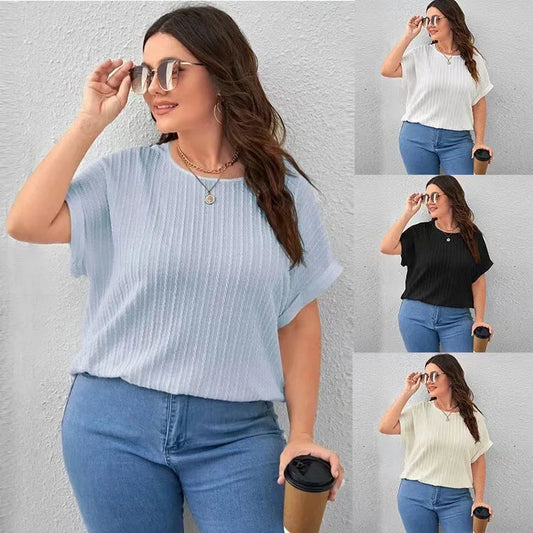 Fashion Women's 2025 Summer New Large Solid Color Short sleeved T-shirt