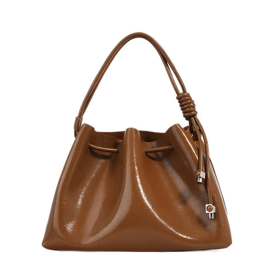 Ladies Luxury Genuine Cowhide Leather Drawstring Bucket Handbag Vintage Women's Quality Bag for All Seasons
