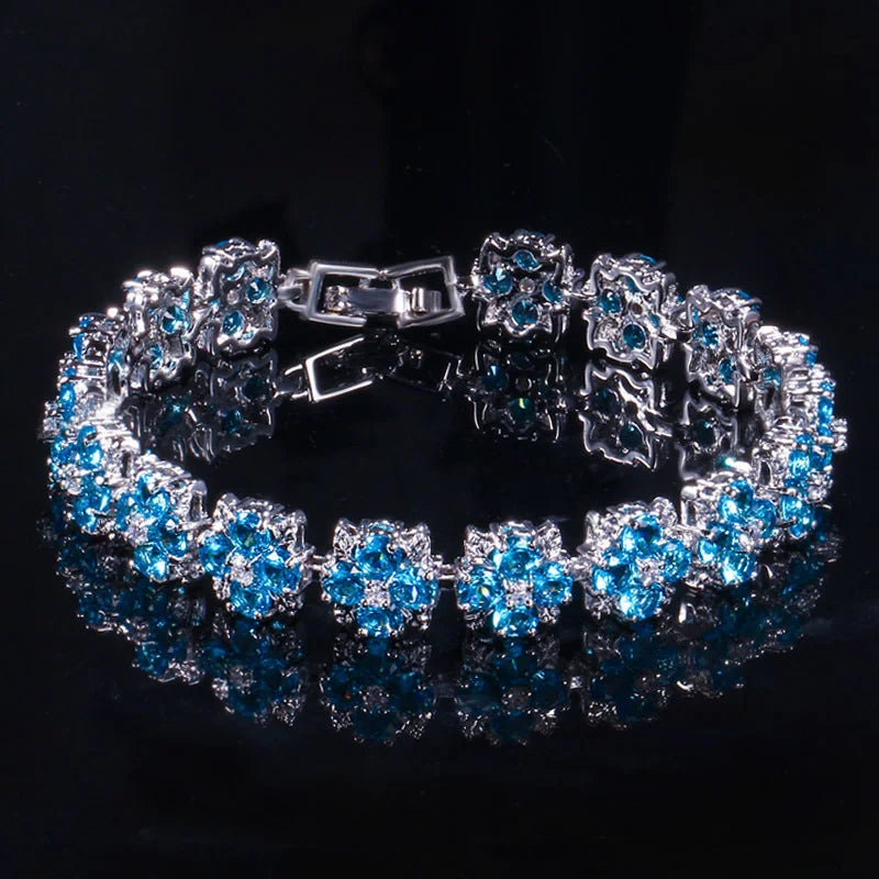 Beautiful Jewelry Silver Plated Cubic Zirconia Stone Light Blue Flower Tennis Bracelet for Women Special Occasions