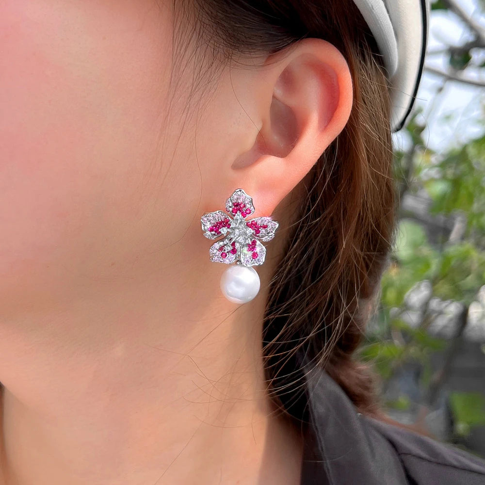 Delicate Shiny Pink Red Cubic Zirconia Big Simulated Pearl Long Flower Dangle Drop Earrings for Women Bridal Party Jewelry