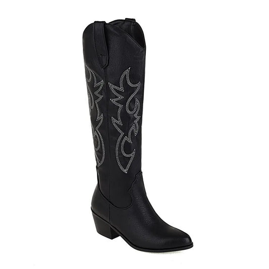 Women's Embroidered Western Cowboy Boots Knee High Stitching Almond Toe Medium Chunky Heel Pointy Toe Fashion Retro Classic Boot