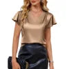 2026 Summer New V-neck Satin Shirt, Pleated, Loose, Short-Sleeved Top, Short-Sleeved