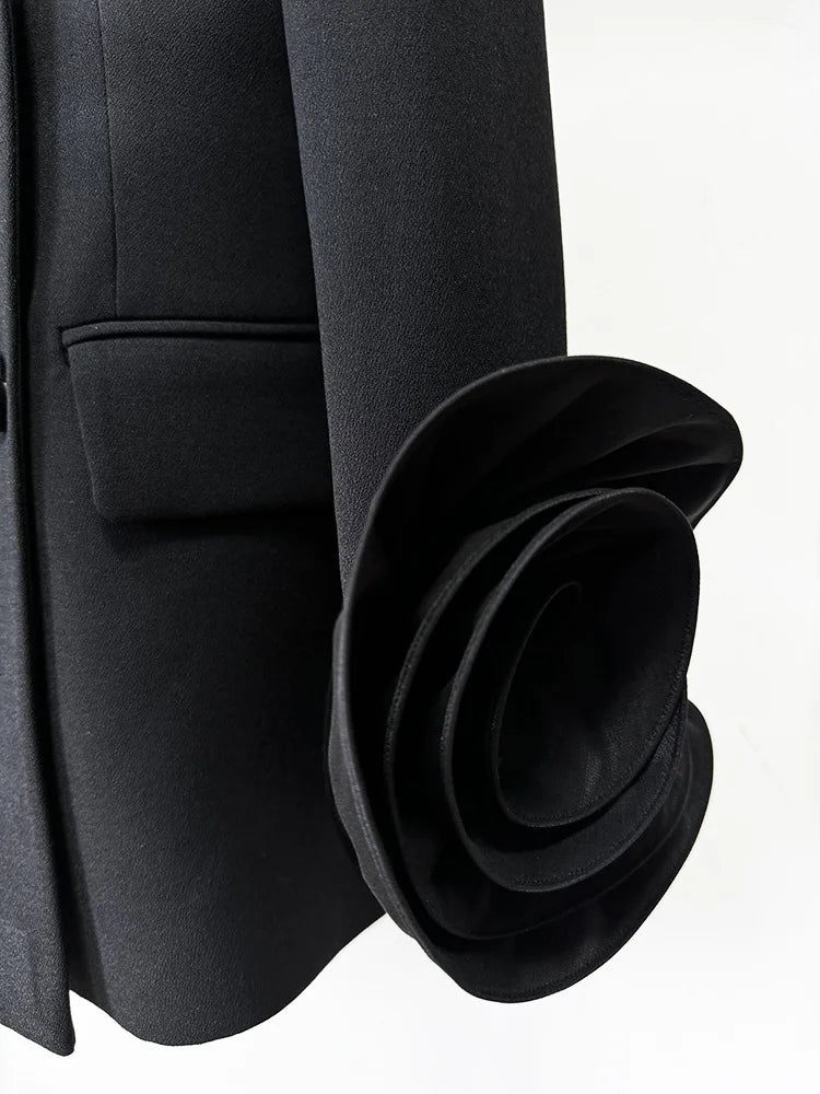 High Quality 3D Flowers Long Sleeve Blazer Spring Black V-Neck Slim Fit Elegant Women Jacket