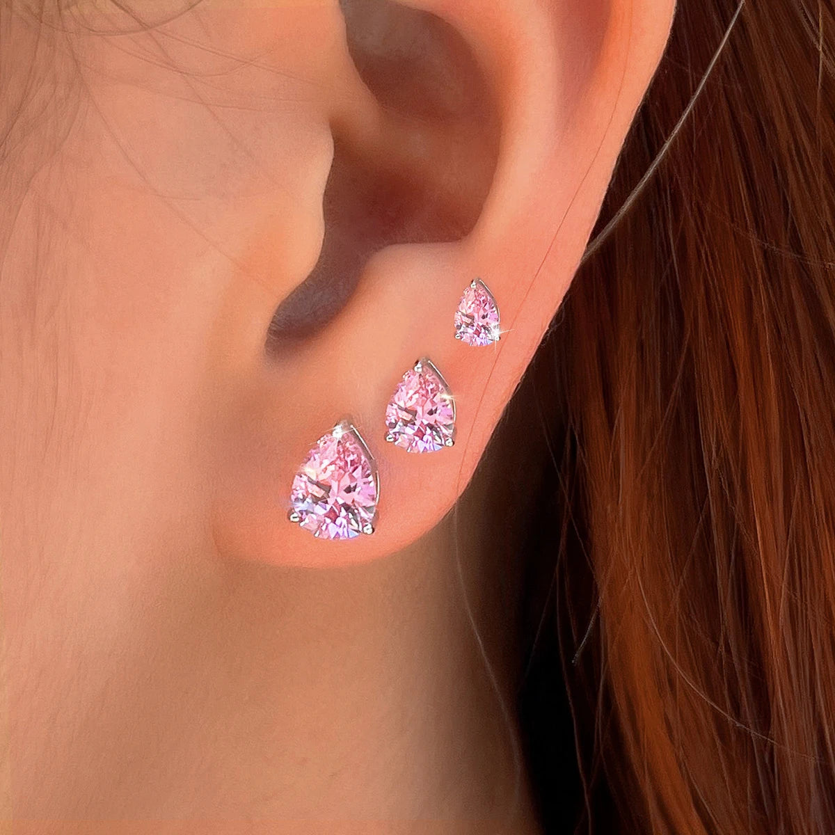 Brilliant Sterling Silver 925 Stud Earrings Zircon 8mm Big Water Drop Shape Pink Stud Earrings for Women Party Anniversary Gifts