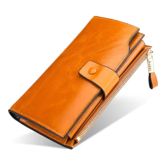 Fashion  Real Leather Women RFID Clutch Purse with Strap Long Handle Wallet