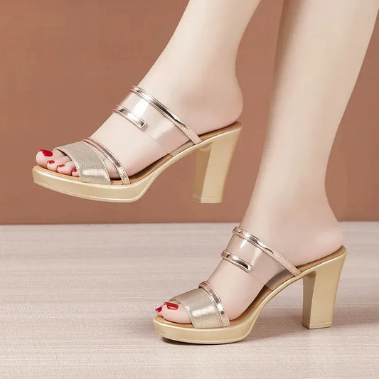 Women Fashion Summer Brilliant Thick Heel High-heeled Sandal Shoes Slides Europe Lady Girls Outdoor Casual Shopping Slipper