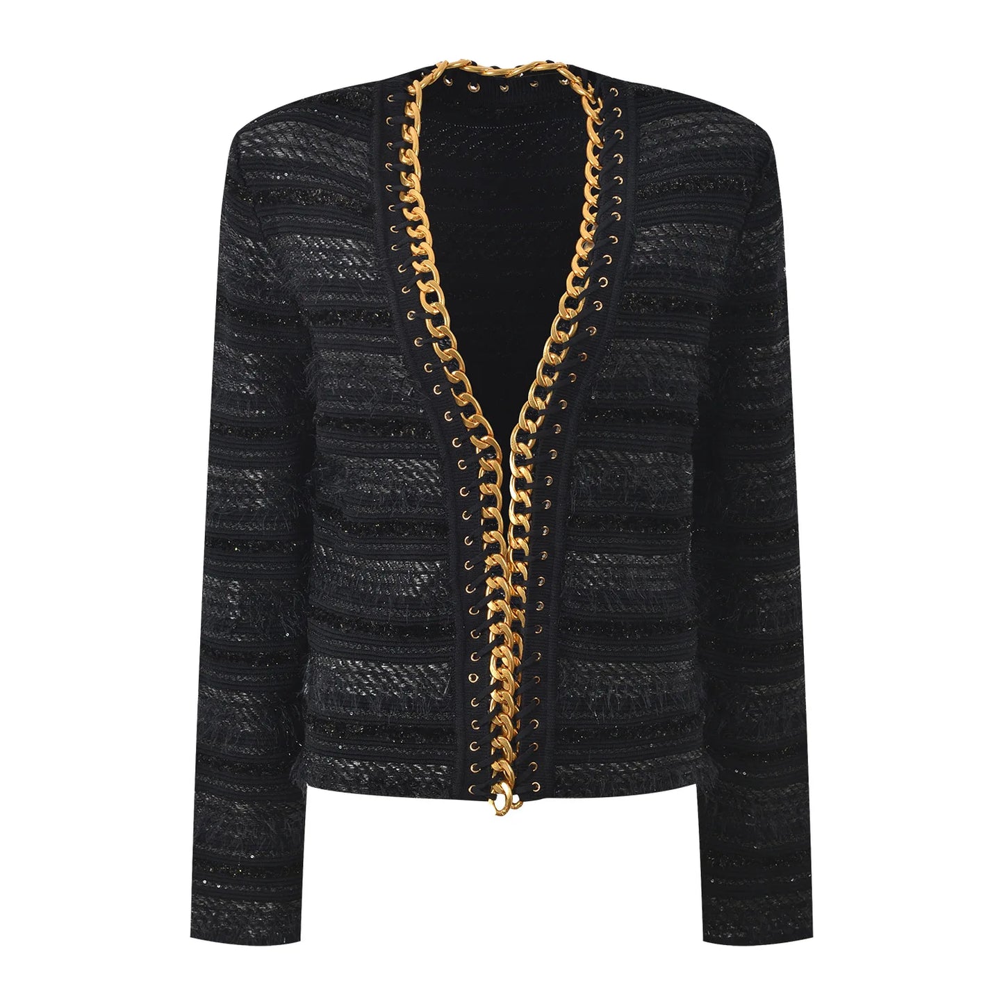 Highstreet Metal Chain Solid Autumn Lady V-neck Long Sleeve Coat Women Stylish Knits Cardigan With Halter Vest