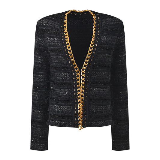 Highstreet Metal Chain Solid Autumn Lady V-neck Long Sleeve Coat Women Stylish Knits Cardigan With Halter Vest