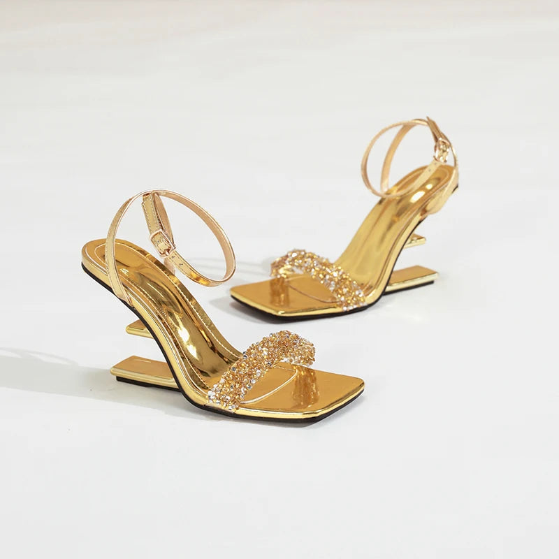 2025 Rhinestone Sandals Gold Shaped Heel Slippers Women Silver Party Dress Mules   Summer High Heels