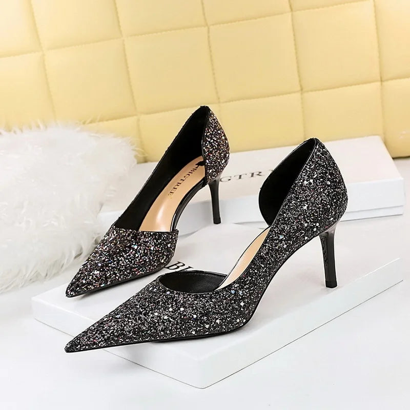 2025  Designer Fashion Shoes Sequin Cloth Stiletto Women's Pumps Heels for Ladies