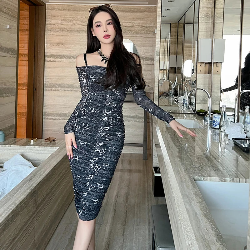 Women's Casual Mini Dress Long Sleeve Shoulder Leopard Print Pleated Ruched Bodycon Features Natural
