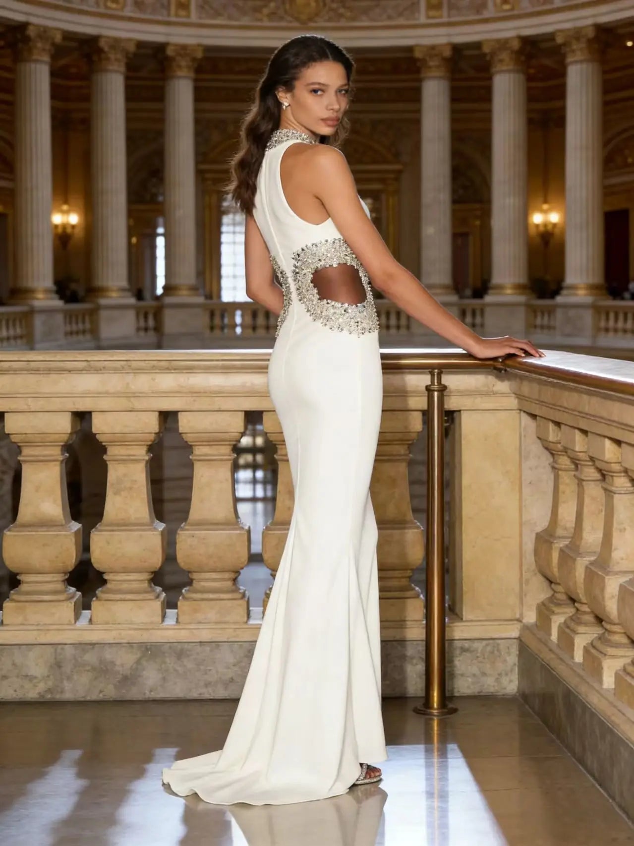 New Elegant Hollow Out Sexy White Bandage Evening Dress Sleeveless Summer Maxi Dress with High Split