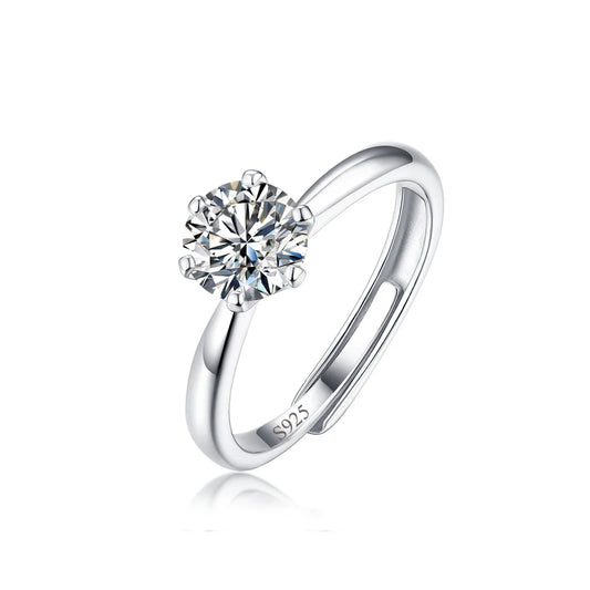 Shiny Pretty 6.5mm Cubic Zircon Crystal S925 Sterling Silver Adjustable Weddings Engagement Ring for Women Finger Jewelry