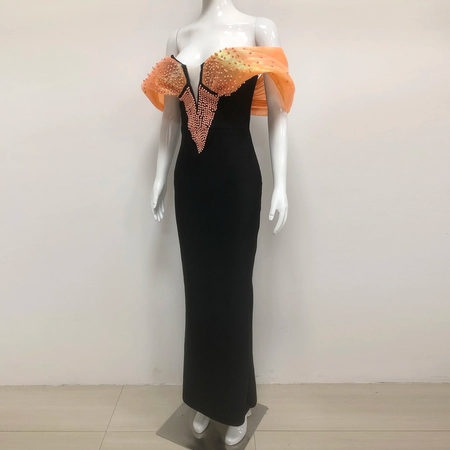 Fashion Dress   High End Party Wear Gown Black Off Shoulder Orange Beaded Bodycon Maxi Evening Dresses