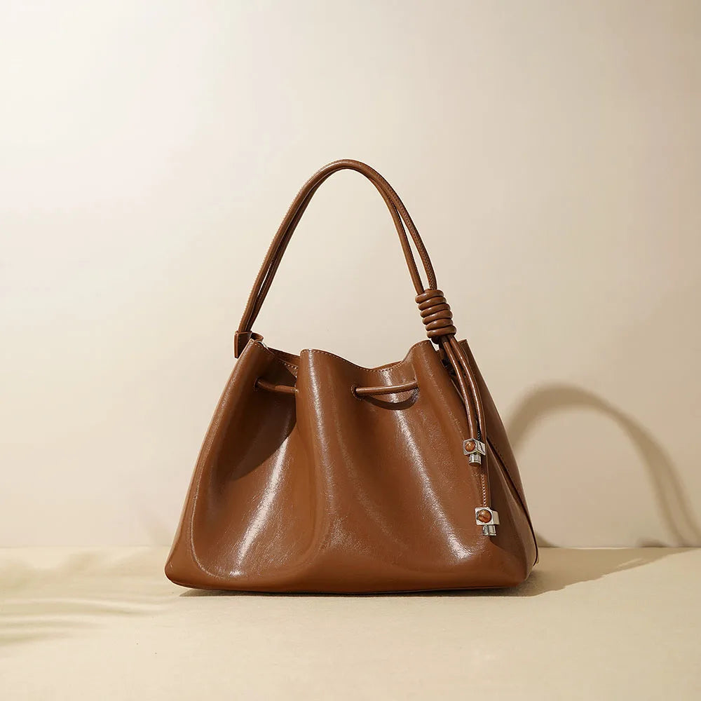 Ladies Luxury Genuine Cowhide Leather Drawstring Bucket Handbag Vintage Women's Quality Bag for All Seasons