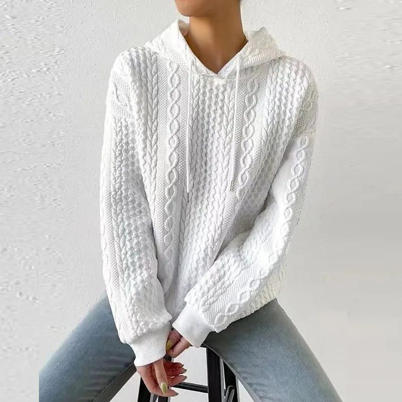 2025 Women Ladies Autumn Plus Size Casual Solid Color Embroidery Sweater Knit Hooded Lace-up Long Sleeve Hoodies