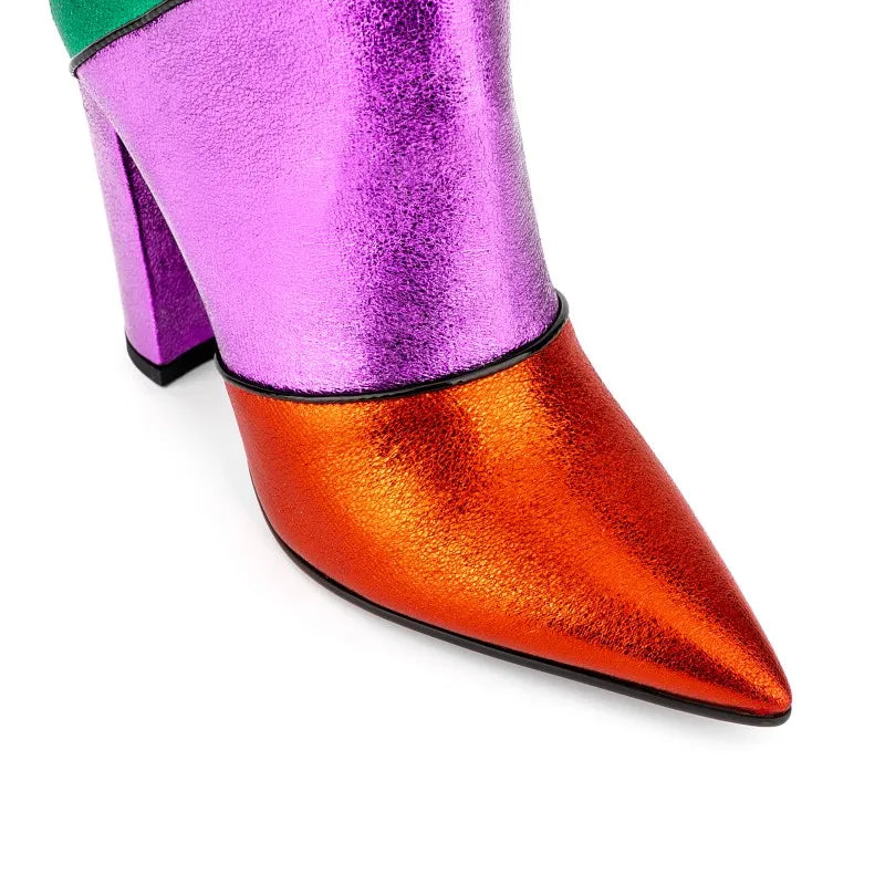 New Design Ladies Chunky Heels Rainbow Long Boots Women Colorful Pointy Toe Slip on Block Heels Mid Calf Boots