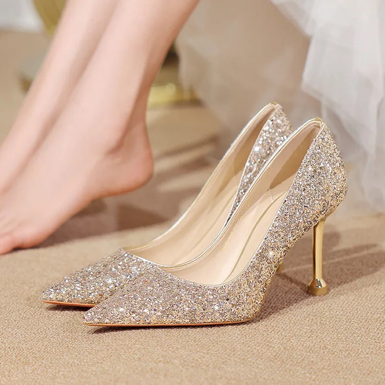 Women Sequin High Heeled Pointed Toe Shoes Evening Party Wedding Gold & Silver Lady Cocktail Slip-on Thin Heel Shoes