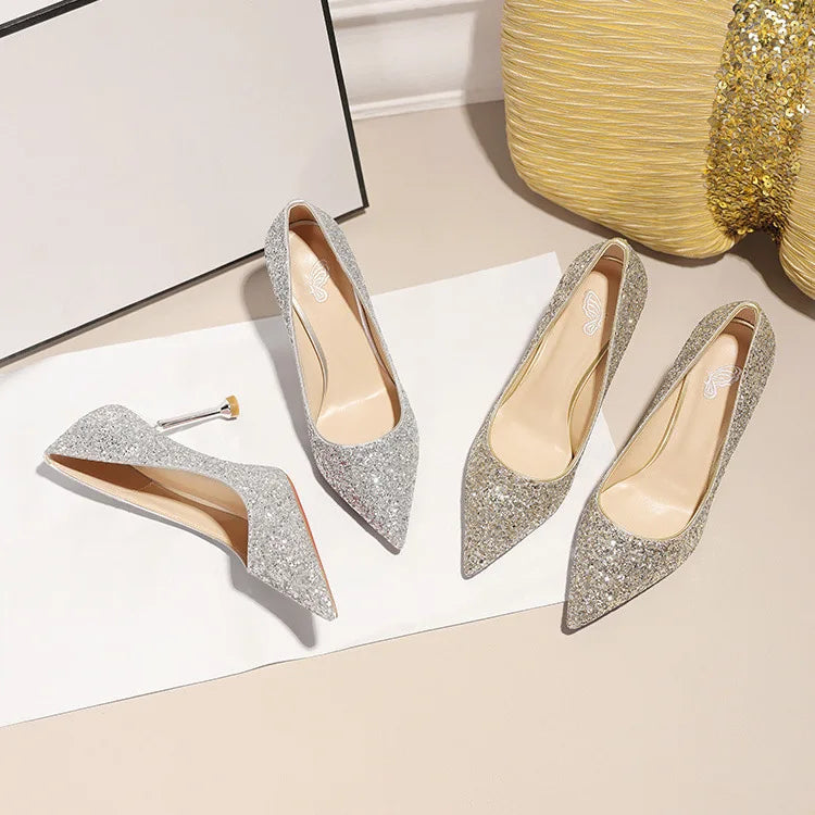 Women Sequin High Heeled Pointed Toe Shoes Evening Party Wedding Gold & Silver Lady Cocktail Slip-on Thin Heel Shoes