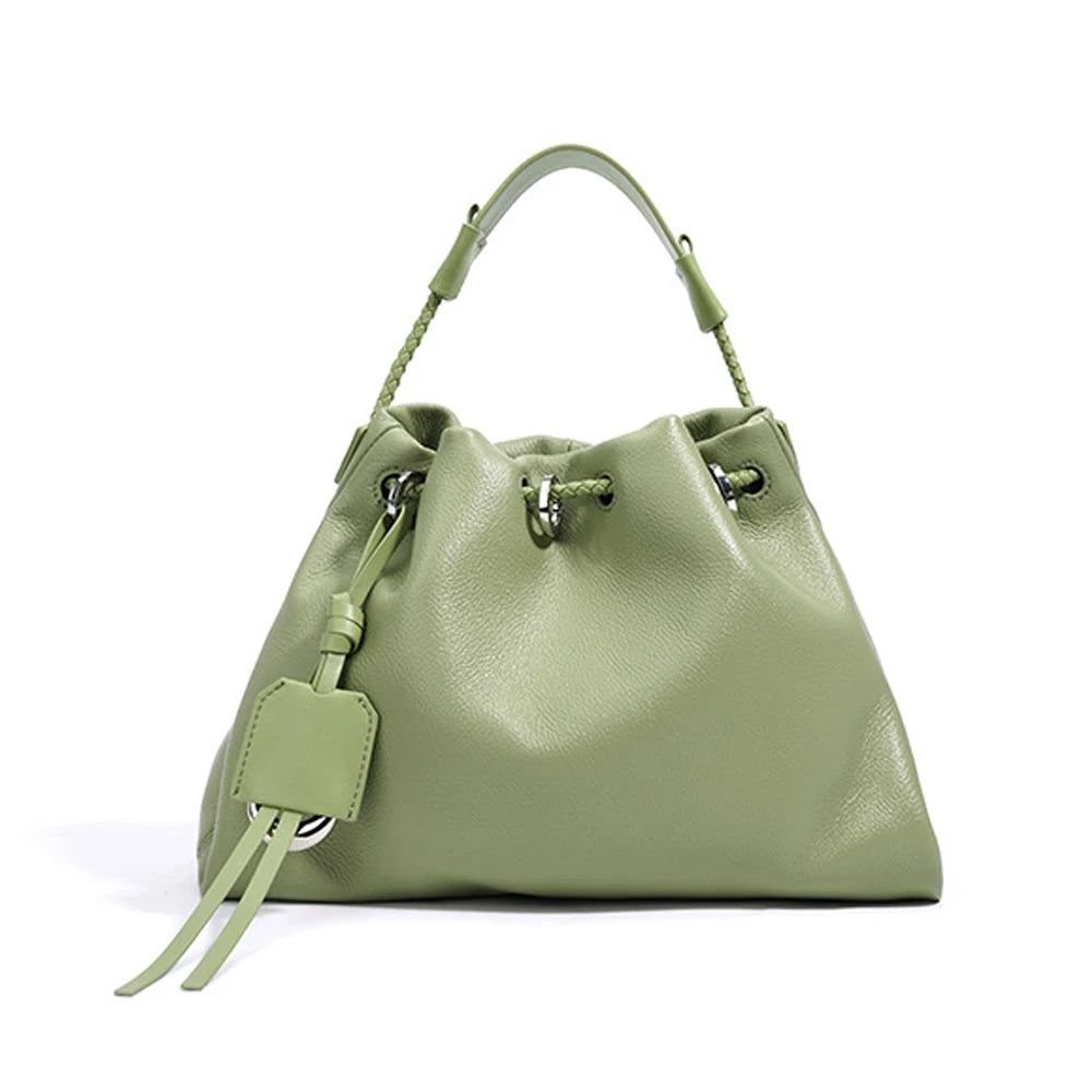 New High Quality Leather Drawstring Women's Purse Handbags Luxury Genuine Cowhide Leather Shoulder Crossbody Bags for Women
