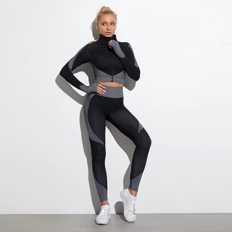 Seamless Yoga Sets Women Fitness Gym Clothing Long Sleeve Shirts High Waist Running Leggings Workout Pants Sports Suits