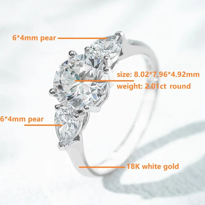 MomentWill 18K Real Gold Three Stone Design Jewelry Round Pear Lab Grown Diamond Hpht Certified Cvd Diamond Ring