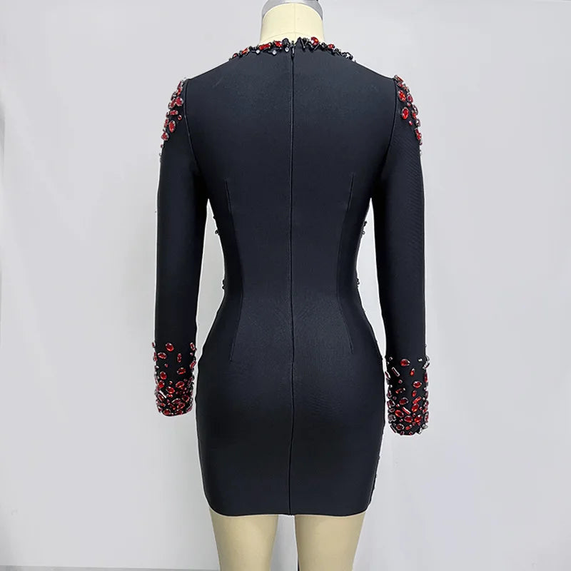 Trending Now Black Winter Long Sleeve Bandage Dress Beading Elegant Rhinestone Dresses Women