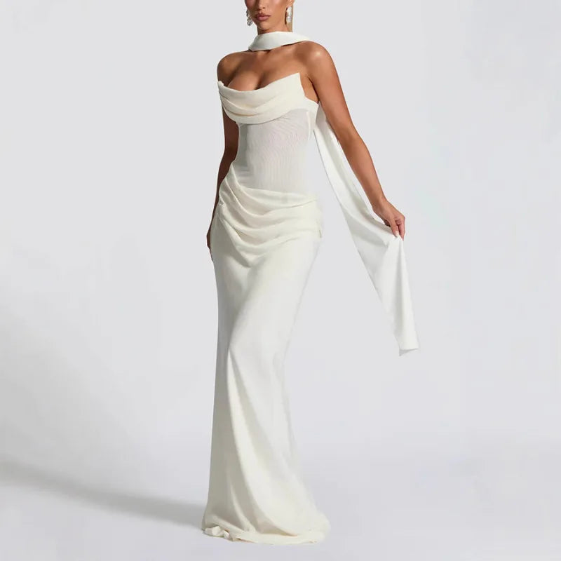 Off-shoulder Backless Sexy Maxi Dress Women Gown Elegant Scarf Collar Strapless Sleeveless Bodycon Club Party Dresses
