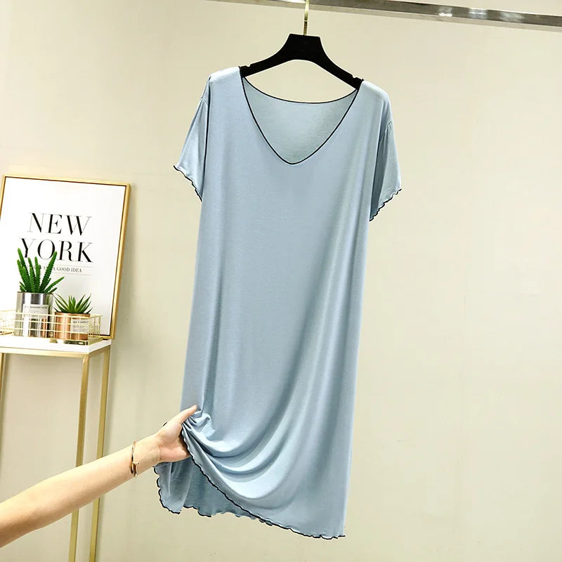 2025 Fall Summer Spring Collection Hot Sale Ladies' Girls' Sleeping Dress Short Sleeved Large V-Neck Loose Lace Pure Color Knitted