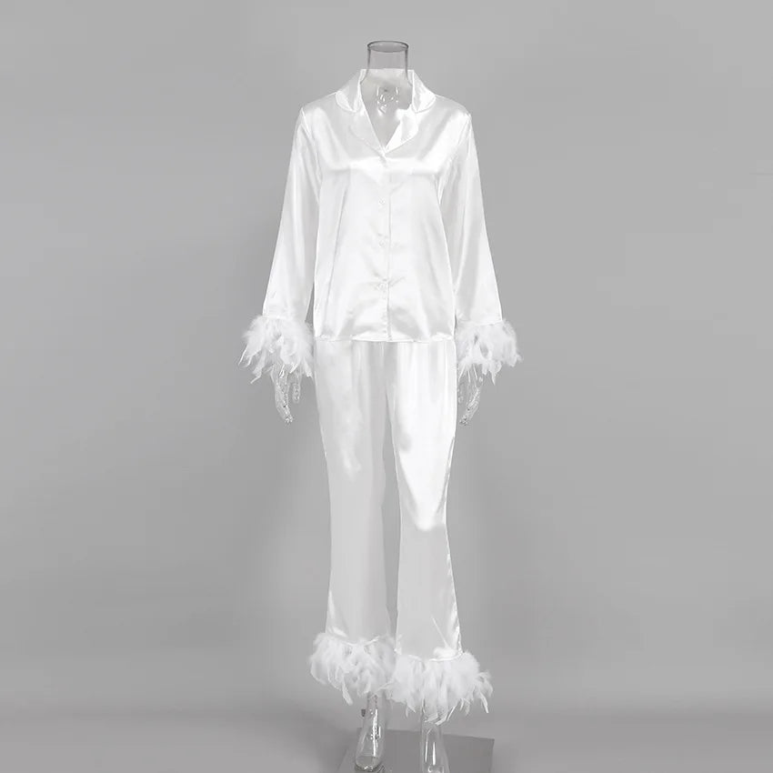 Custom Feather Silk Bridal Robes Satin Pajama Sets for Women