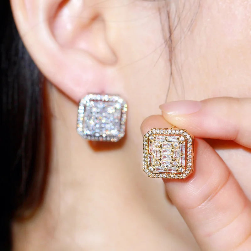New Fashion Gorgeous Fancy Cubic Zirconia Big Square Stud Earring for Women White Gold Plated Wedding Bouquet Jewelry