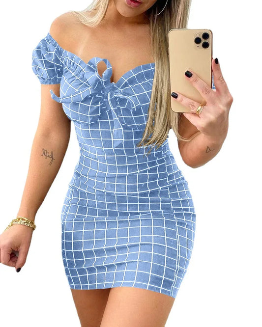 2025  Women  Dress Strapless Short Sleeve Hip Wrap Plaid Mini Length Bodycon Dress Sexy Plaid Dress