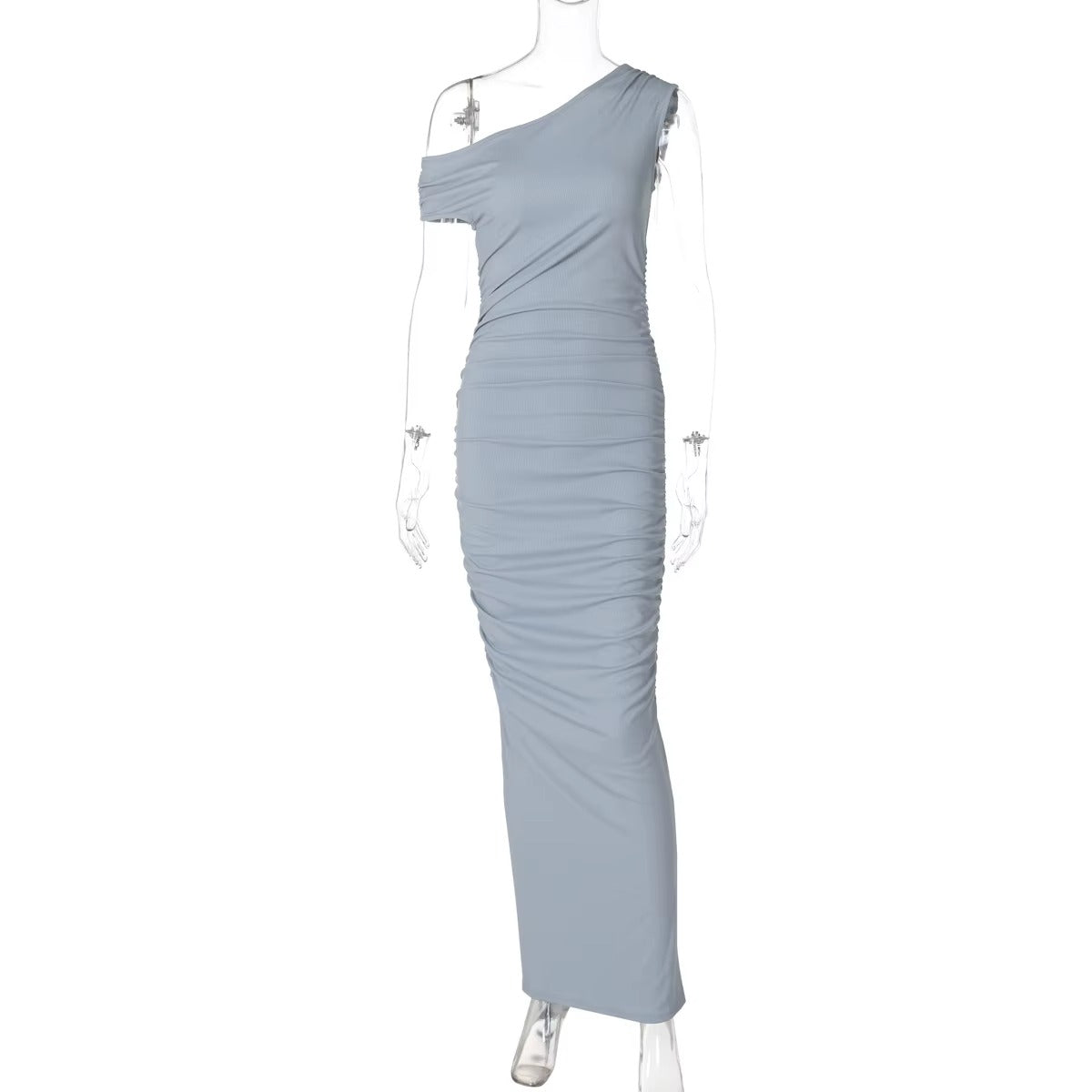 Elegant Bodycon Maxi Vestidos Women Chic Solid Skew Collar Sleeveless Pleated Long Dresses Female New Summer Party Outfits