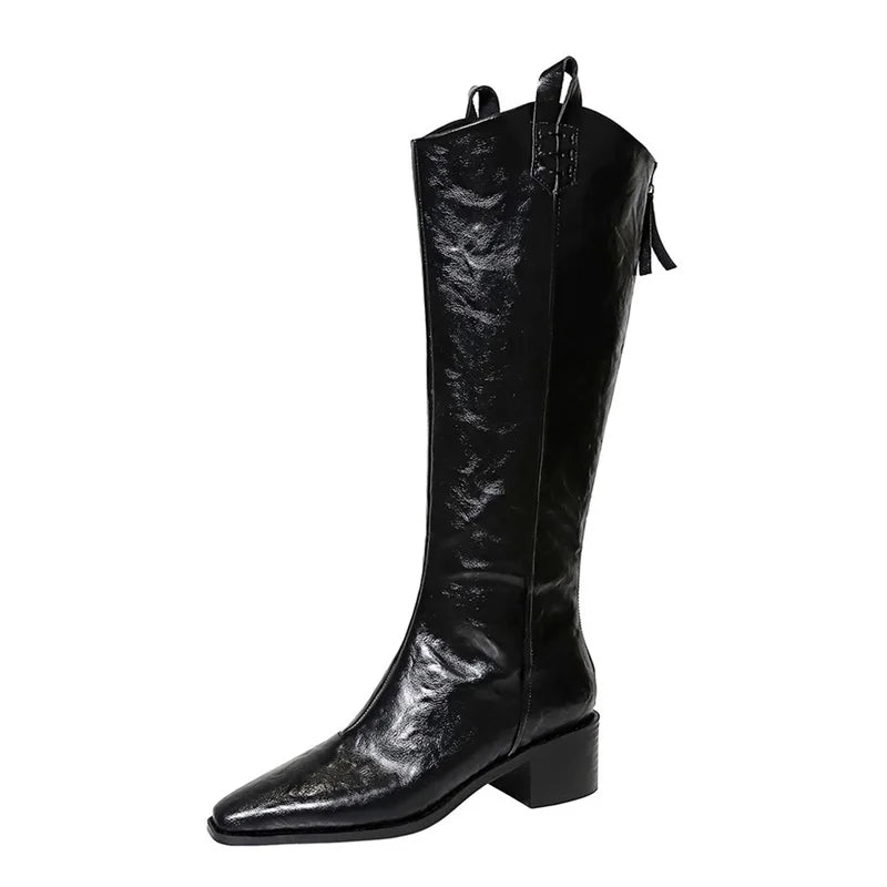 Vintage Women Western Knight Long Booties Fashion Pointed Toe Shoes Autumn Winter Thick Heel Ladies Knee High Boots