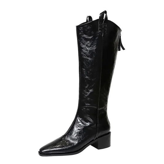 Vintage Women Western Knight Long Booties Fashion Pointed Toe Shoes Autumn Winter Thick Heel Ladies Knee High Boots