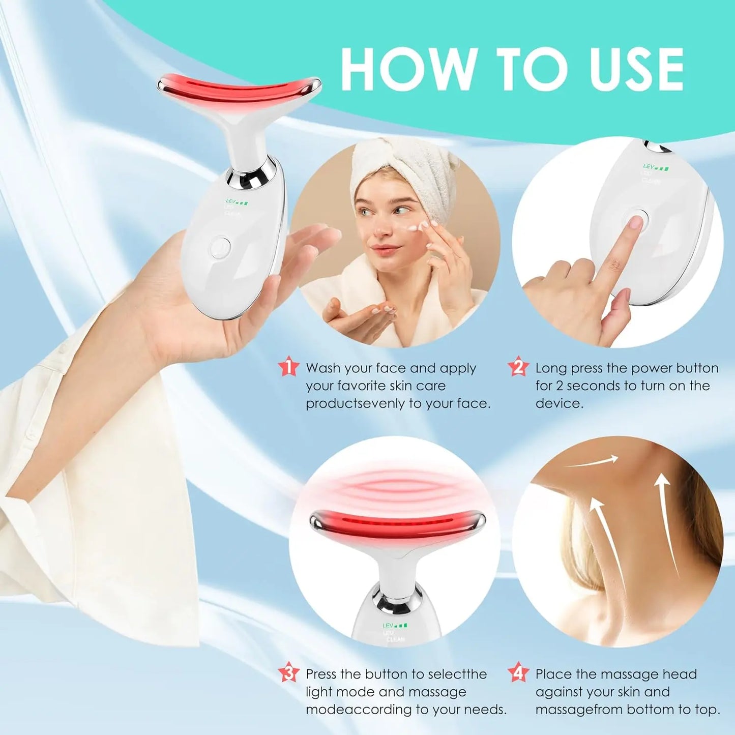 Custom 4 in 1 Face and Neck Massager 3 Color Red Blue Purple Led Electric Face Lifting Facial